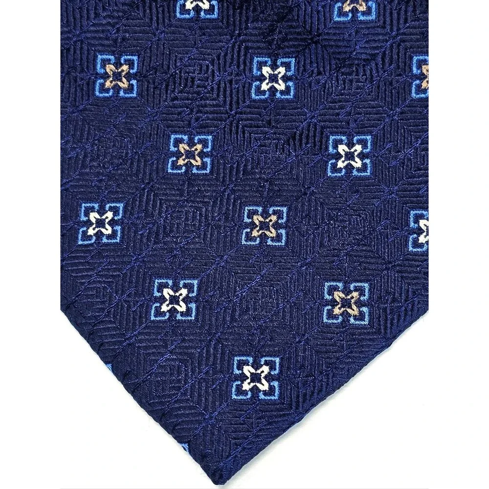 PAUL FREDRICK Navy Blue Tan Geometric Silk Tie Classic Business Formal